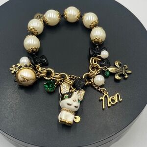 Betsey Johnson Boston Terrier Paris Parisian Eiffel Faux Pearl Charm Bracelet